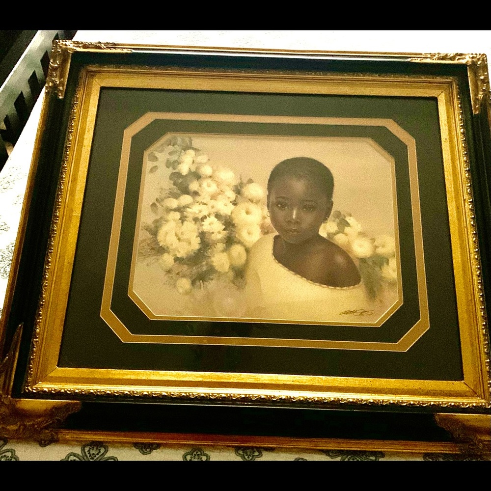 Little Flower Art signed Carl Owens. In an Elegant Gold & Black Glass frame - Picture 10 of 11